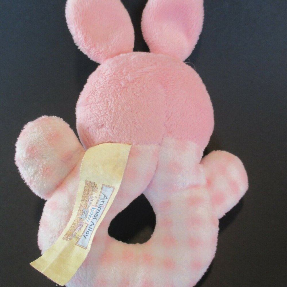 Animal Alley BABY Plush PINK RABBIT Stuffed Animal Round Rattle WHITE Plaid Toy - Picture 2 of 4